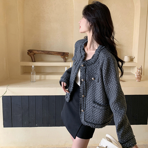 灰色小香风外套女2025春秋新款韩系高级感气质显瘦小个子短款上衣图片