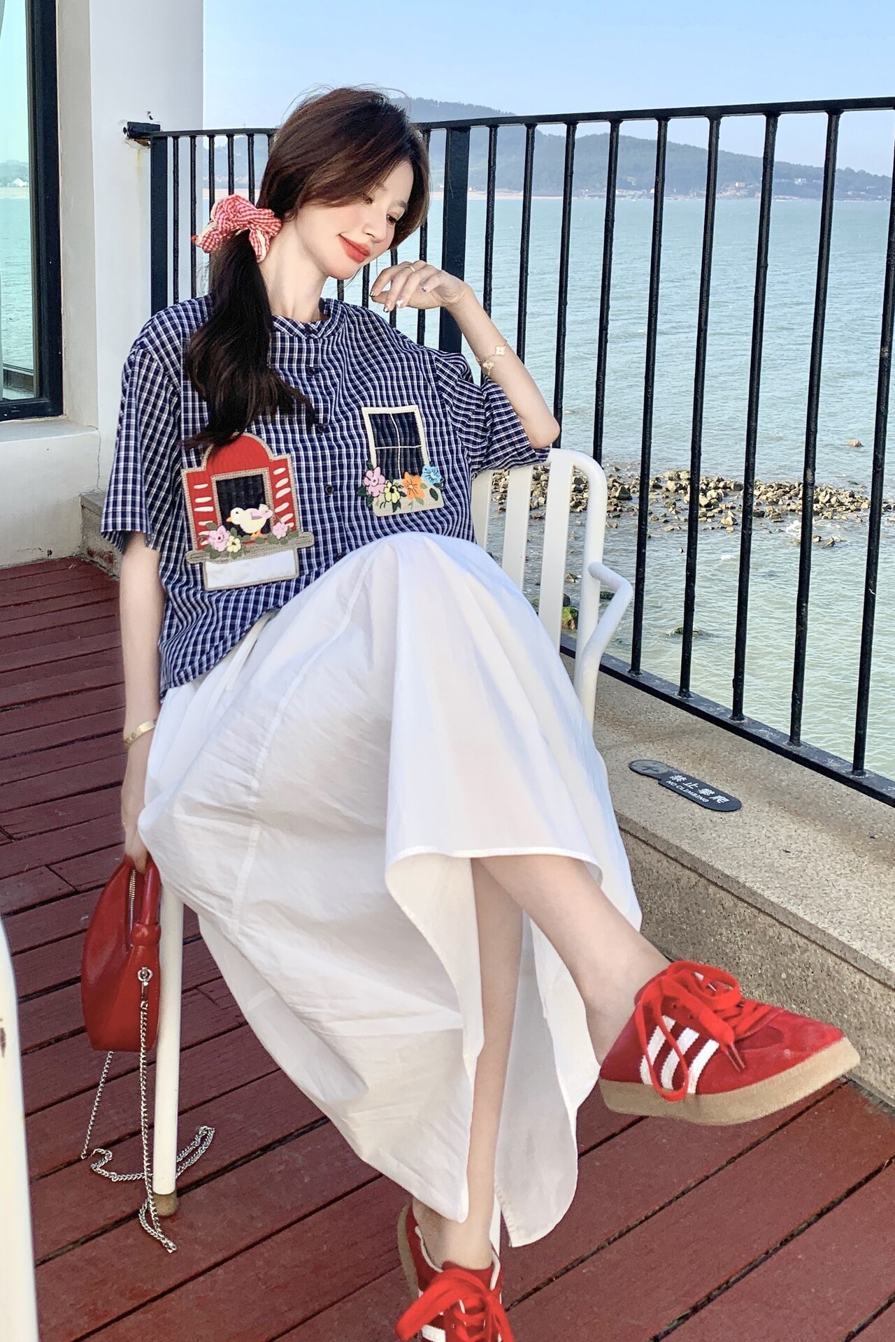 休闲复古刺绣格子衬衫半身裙套装女夏2025新款小个子两件套高级感,女装套装/套裙,浙宝186