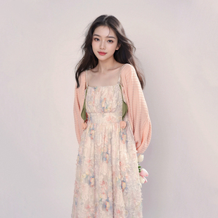 郁香染夏法式 吊带裙两件套潮 甜美复古气质连衣裙套装 女纯欲风开衫