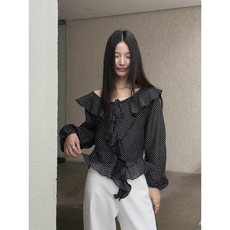 【浪漫波尔卡】歌铭法式复古波点荷叶边雪纺小衫女秋季上衣N492C