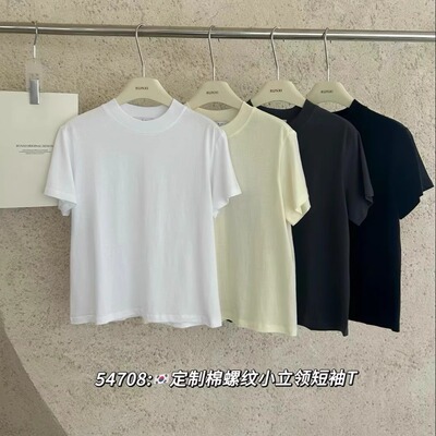 runxi闰熙54708定制螺纹棉小立领短袖T恤衫女宽松后中线设计春夏