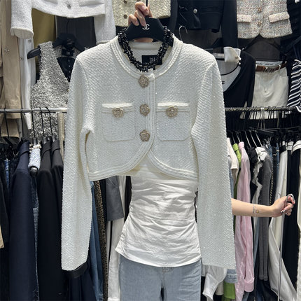 2025秋冬新款韩版小众设计重工亮片刺绣单排扣小香风针织开衫外套