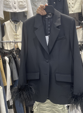 DH2025秋季新款高级感黑色廓形西装小众设计感羽毛拼接单排扣外套