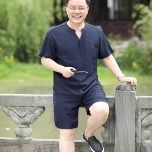 2025新款 男士 爸爸夏裝 中老年短袖 t恤亞麻唐裝 套裝 寬松中國風夏季