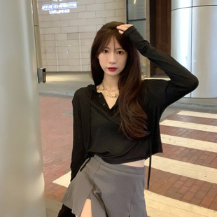 纯色露脐跳舞上衣女团风 t恤高腰短款 jazz爵士舞V领宽松长袖 防晒衫