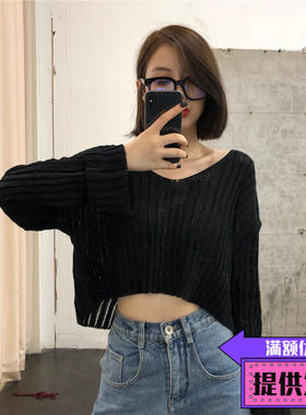 宽松短款透感露脐针织衫舞蹈上衣