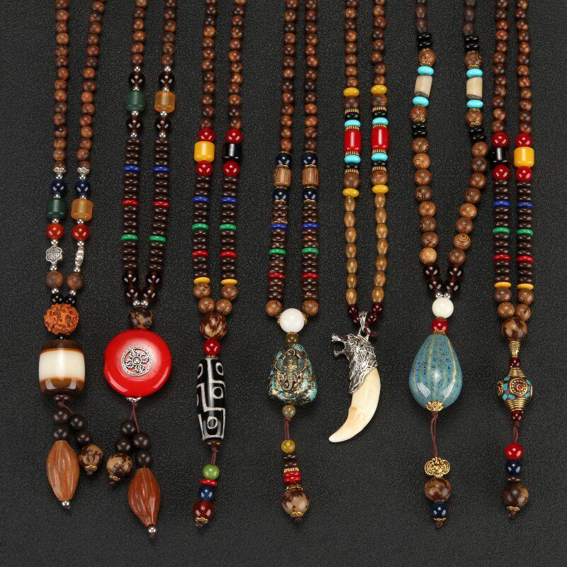 藏族饰品项链男女复古民族风毛衣链长款棉麻衣服配饰木质旅游吊坠