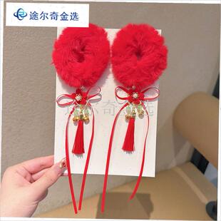 马年头饰女童中国风毛绒流苏发圈古风毛球丸子头发绳Z过年汉服发