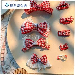 红色千鸟格狗狗发夹约克夏发饰B马尔济斯梳夹小狗蝴蝶结宠物鼻梁