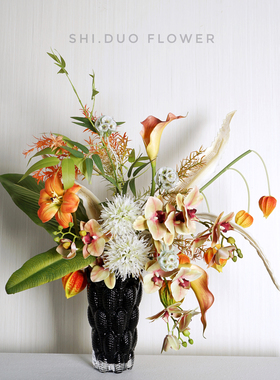 现代轻奢橙色组合家居仿真花艺样板房客厅玄关茶几软装饰品