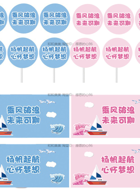 浅蓝色粉色乘风破浪升学宴星空主题甜品台布置生日插牌推推乐贴纸