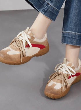 真皮平底红色德训鞋女2026春新款软底运动鞋轻便休闲鞋本命年单鞋