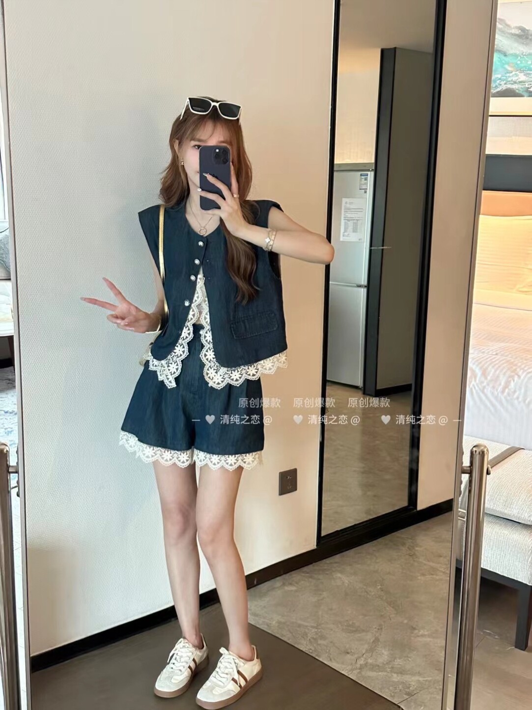 闺蜜装欧洲站夏季新款韩版时尚显瘦拼接蕾丝马夹短裤牛仔两件套女