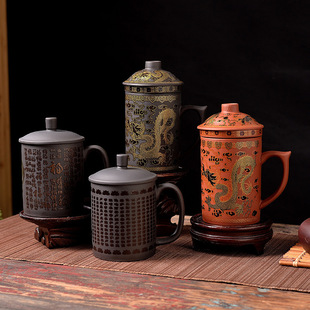 国潮新款新款紫砂茶杯 厂家直销热转印紫砂大慈杯朱泥龙纹杯礼品