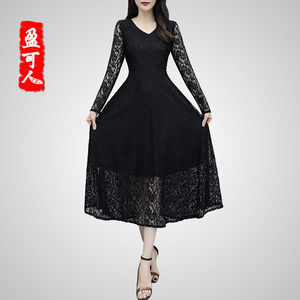 盈可人胖MM遮肚显瘦A字裙蕾丝气质显瘦大码过膝中长裙收腰连衣裙