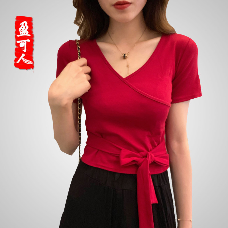 盈可人V领减龄性感修身系带蝴蝶结莫代尔时尚大码弹力夜店百搭T恤