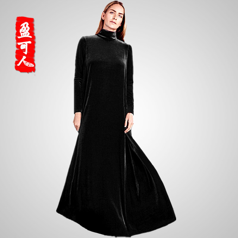 盈可人金丝绒大码女装大摆型长裙休闲宽松时尚简约新款长袖连衣裙