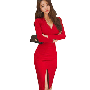 盈可人秋冬新款性感晚礼服包臀开叉中长款大码时尚长袖连衣裙女