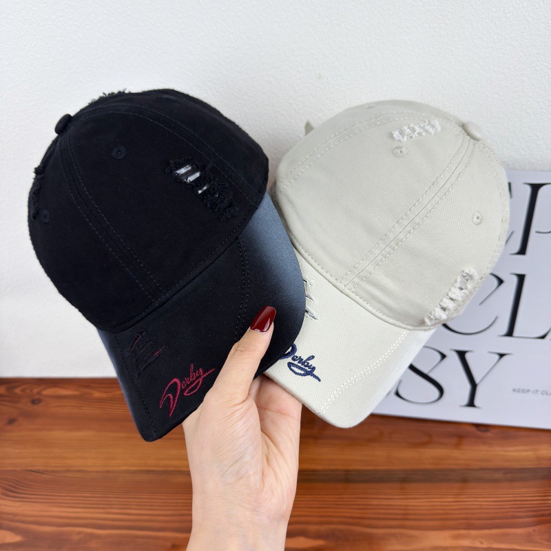 新款春秋水洗棉渐变色软顶破洞棒球帽子女显脸小休闲情侣鸭舌帽男