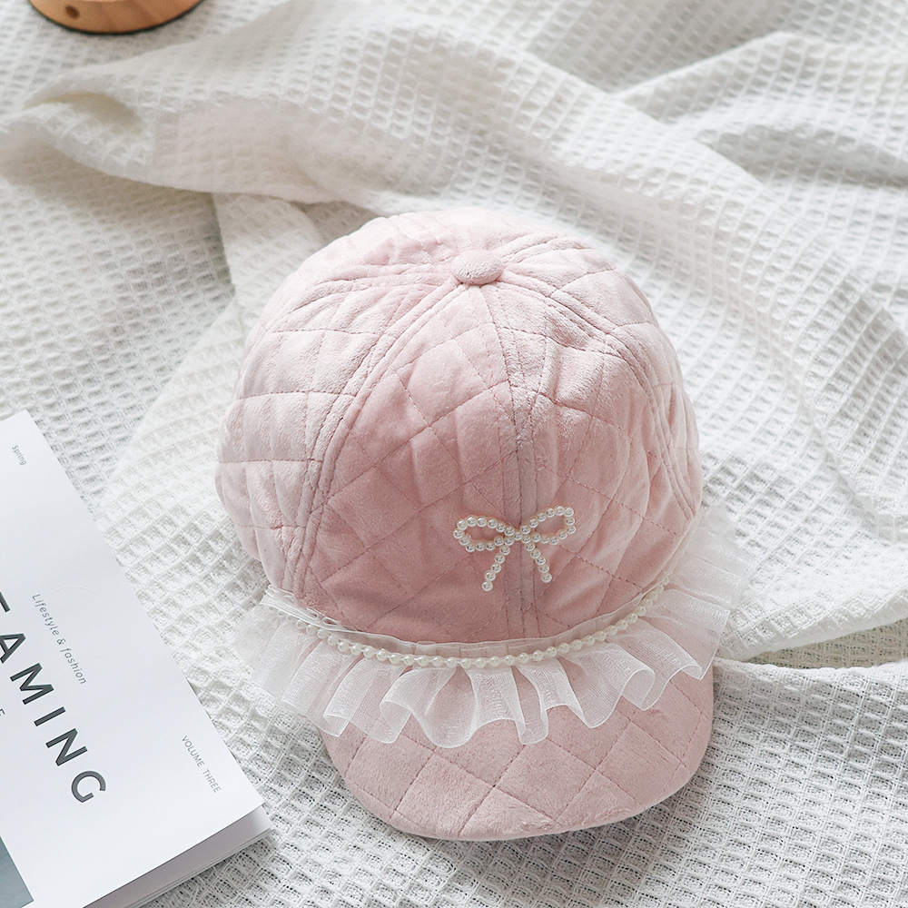 甜美蕾丝边棒球帽秋冬季儿童帽子遮阳防风珍珠蝴蝶结女宝宝鸭舌帽