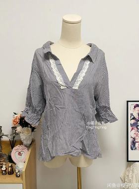 axes条纹纯欲风蕾丝衬衫