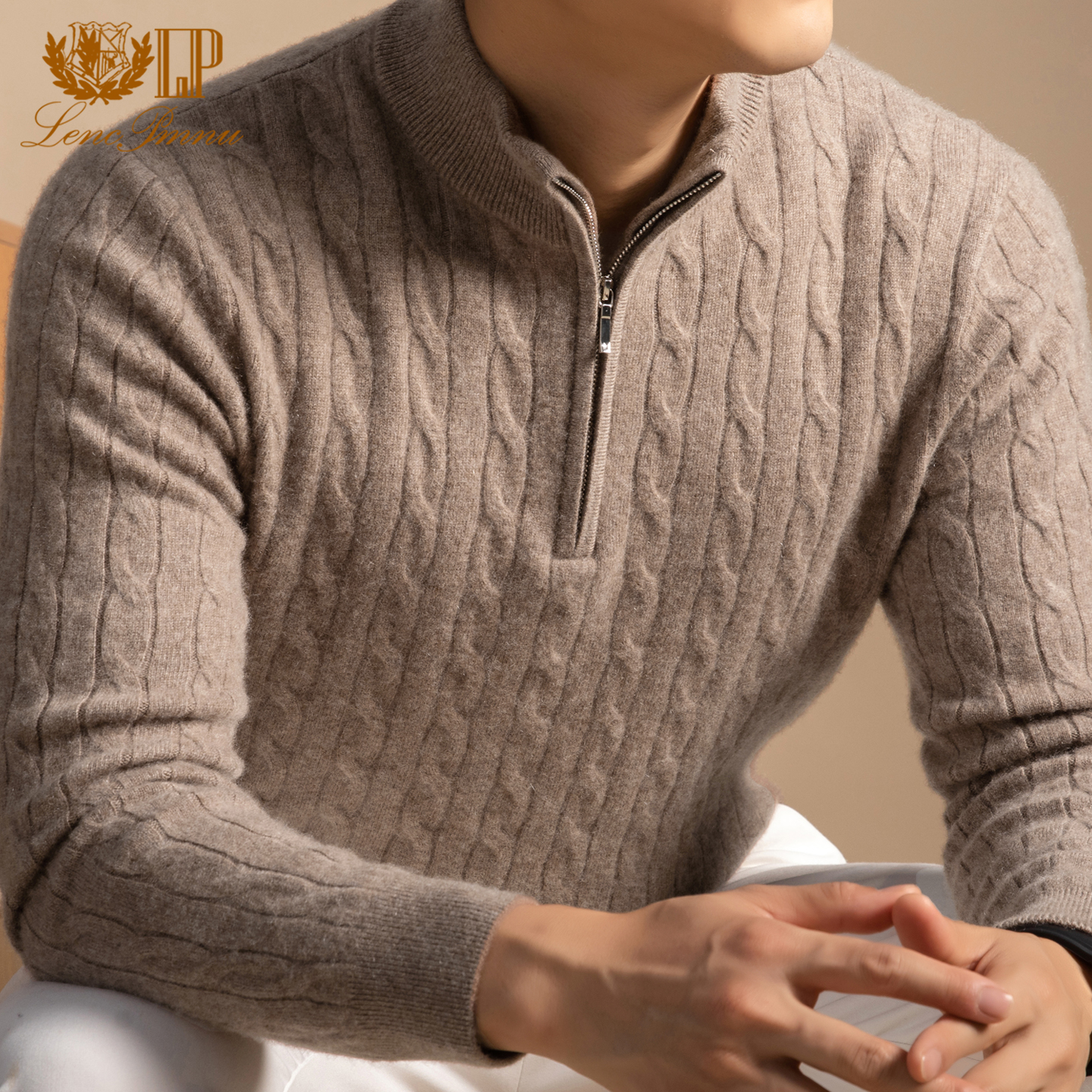 LP同款正品鄂尔多斯市产100%纯山羊绒男半高领拉链针织毛衣打底衫