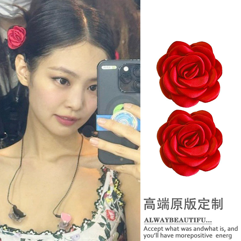 jennie同款红色玫瑰花发夹女复古花朵侧边夹2024新发饰新年头饰潮