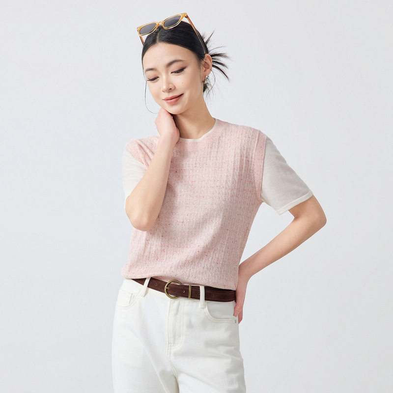 墨麦客女装温柔风假两件针织上衣2026春季新款撞色圆领短袖10183.