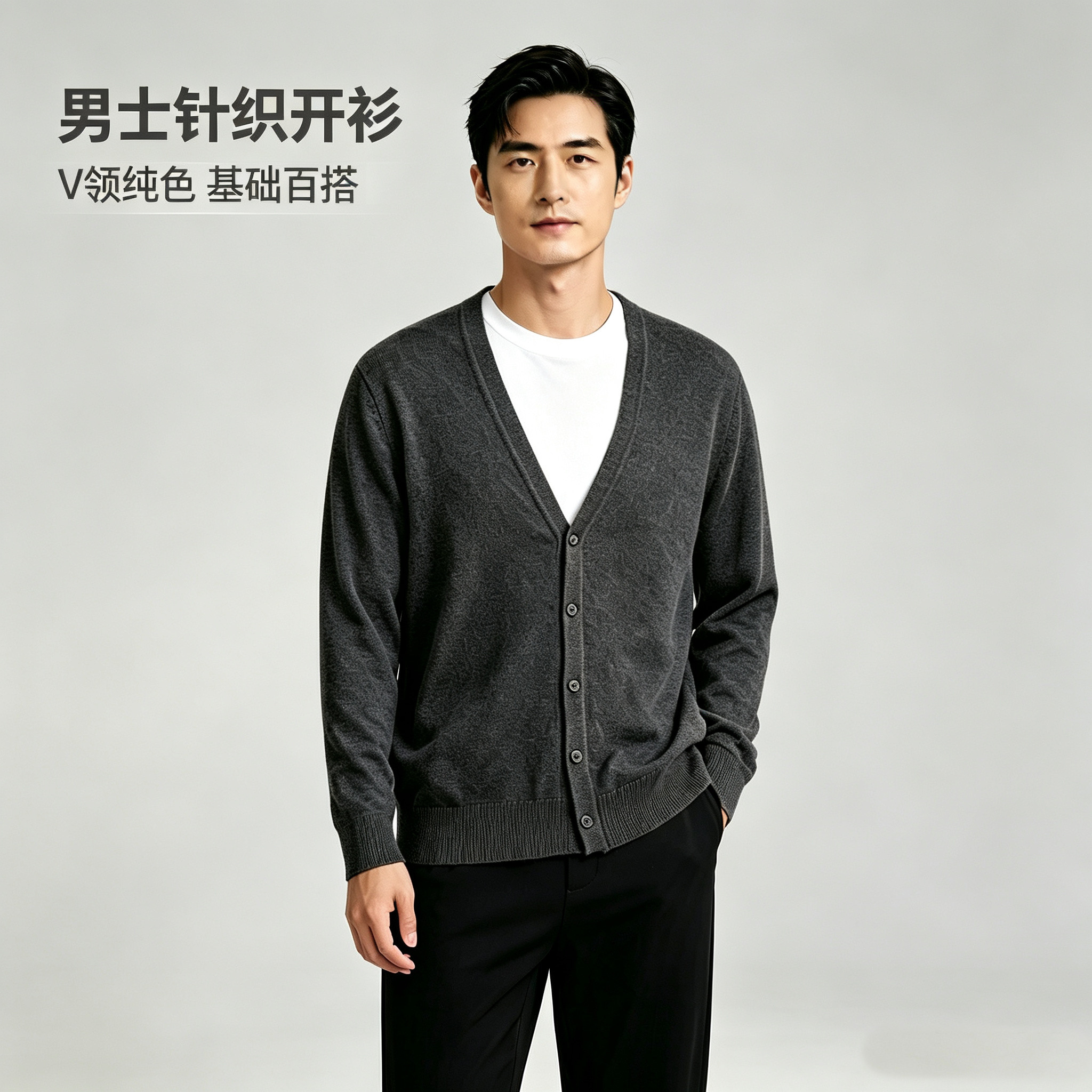 墨麦客男士春秋针织开衫V领纯色