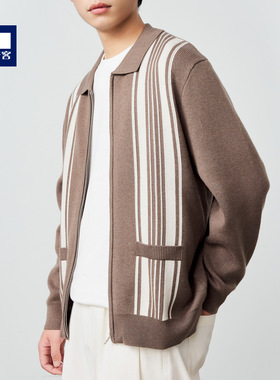 墨麦客男装撞色竖条针织开衫春秋季新款提花宽松翻领外套男20709