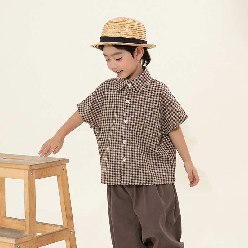 2025新款儿童格子蝙蝠衫男童短袖复古衬衣夏季潮流上衣中小童百搭