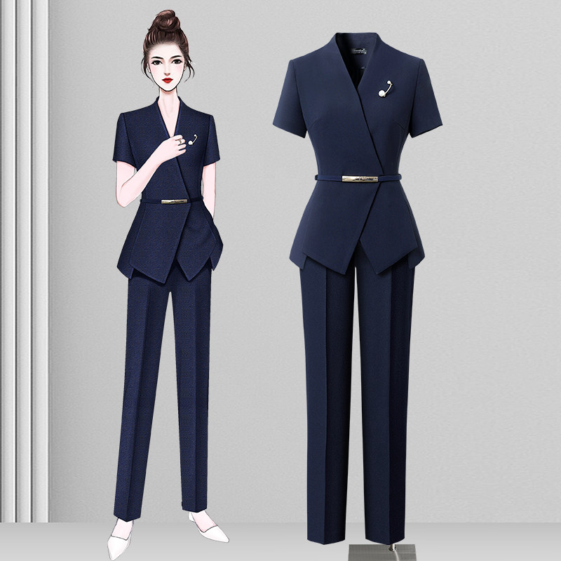 短袖职业西装套装女夏季气质收腰时尚酒店前台售楼部工作服女高端