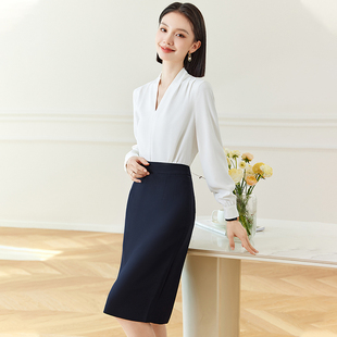 高级感职业衬衫女百搭白色长袖打底内搭V领上衣衬衫套装裙ol通勤