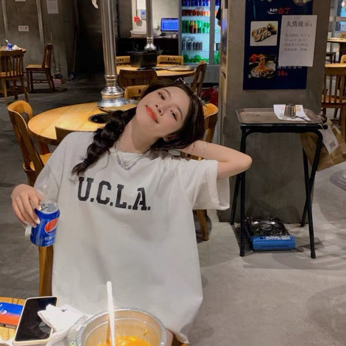 UCLA字母做旧磨边短袖T恤女 棉质宽松百搭显瘦韩系休闲百搭上衣夏
