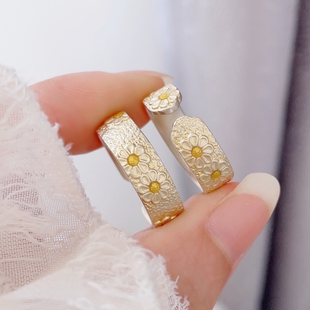 足银9999纯银小雏菊戒指女实心开口描金银指环闺蜜女友情人节礼物