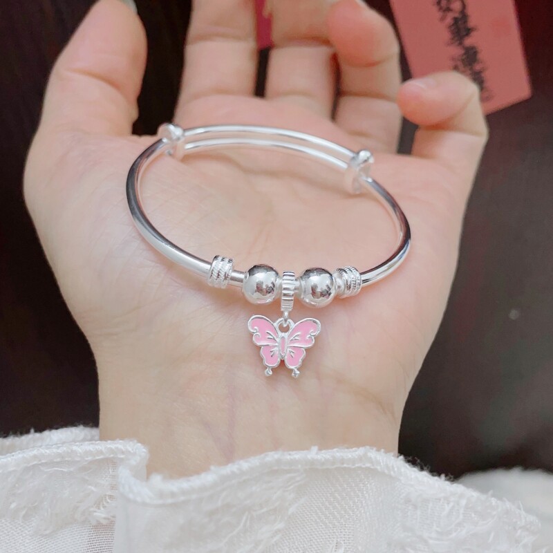 足银999纯银粉色蝴蝶手镯女光珠珐琅银手镯大中童宝宝周岁礼物