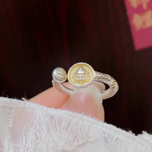 足银9999纯银黄财神吉言银戒指女实心描金银指环国风新中式女友礼