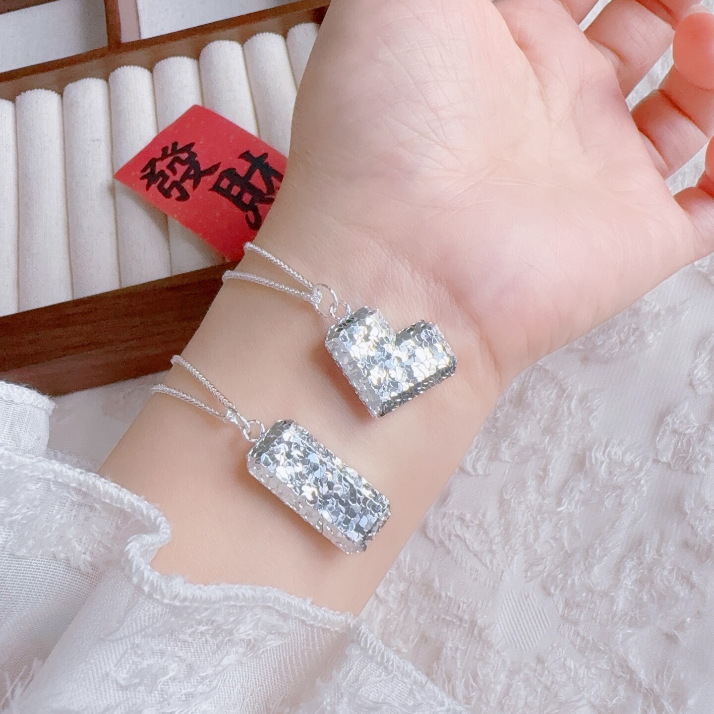 足银999纯银碎冰冰爱心项链女