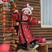 桐花坞唐制改良圆领袍男女童汉服冬款 加绒宝宝国风套装 儿童拜年服