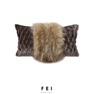 现代简约轻奢高级感咖色割绒抱枕套真皮草沙发客厅床头靠垫靠包