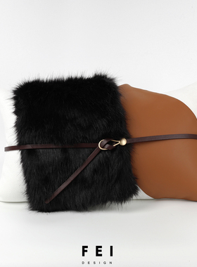 棕色皮带装饰腰枕高端品质抱枕黑色长毛绒柔顺感靠垫橙色皮革靠枕