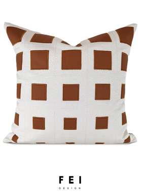 橙色方块刺绣抱枕客厅沙发皮革靠垫现代轻奢样板房高档软装靠枕套