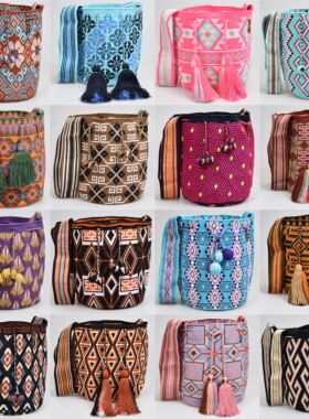 SUSUWAYUU 瓦尤手工编织包民族风闪线女士斜挎包几何撞色水桶包