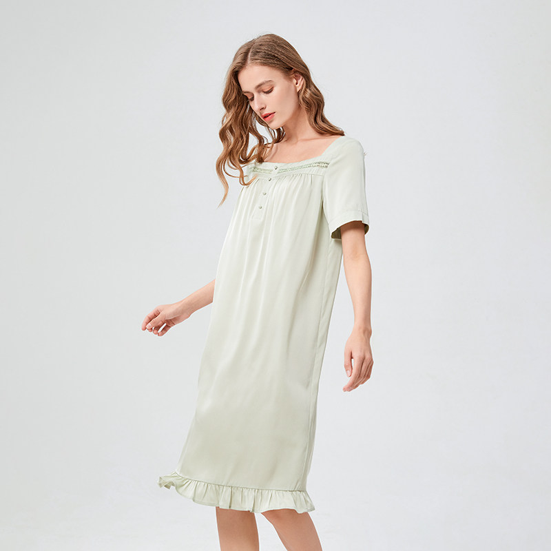 春夏新款有机桑蚕丝睡裙真丝方领短袖木耳花边清爽女生外穿家居服