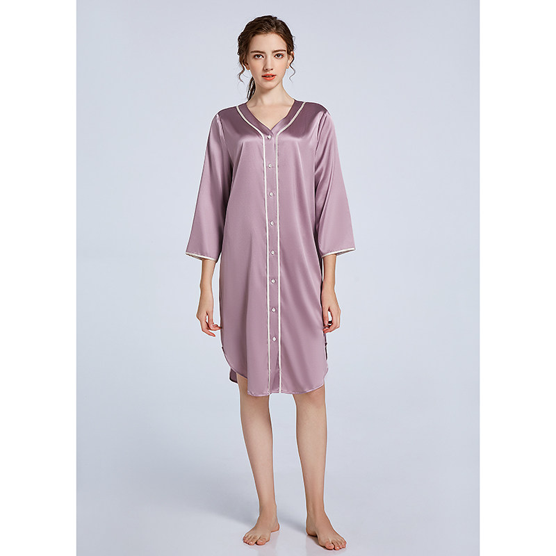 春夏季女士有机桑蚕丝长睡裙纽扣纯色真丝睡衣家居服衬衫款一体式