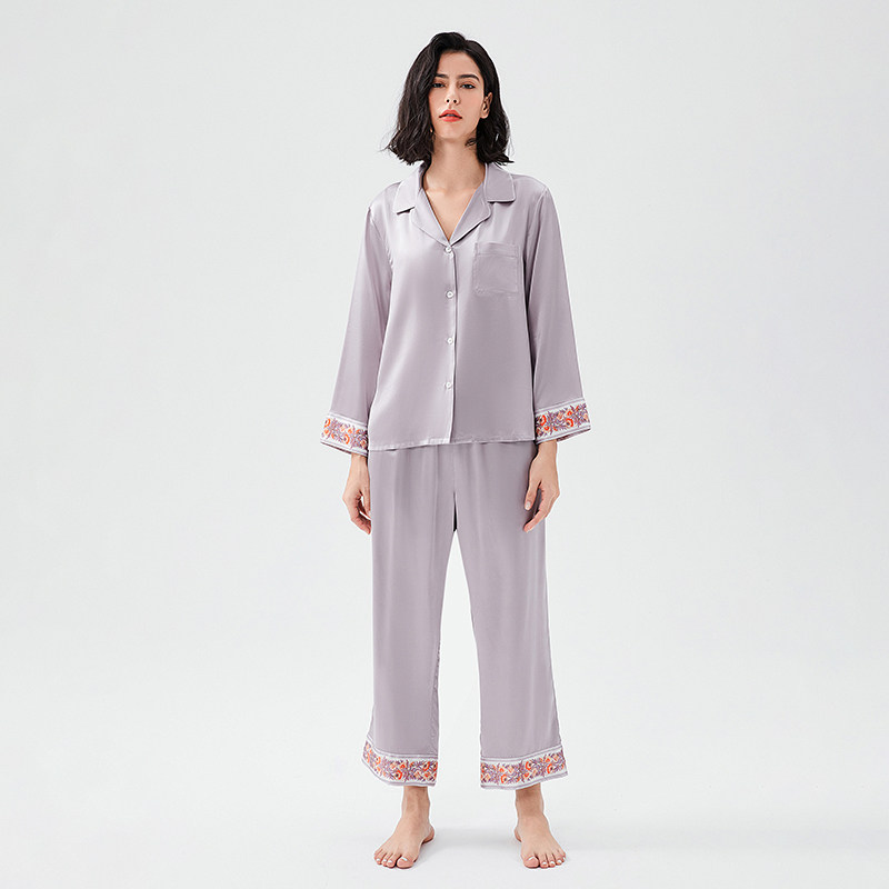 19MM100%有机桑蚕丝长袖睡衣精美印花春秋真丝家居服套装高品质女