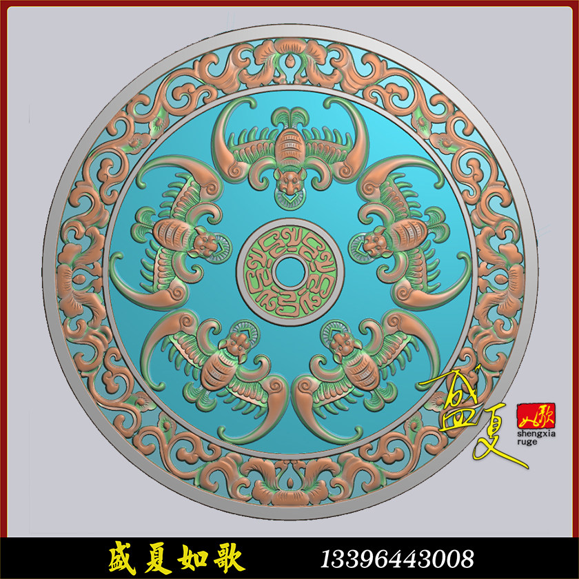 圆形五蝙蝠铜钱精雕图木雕浮雕图石雕灰度图