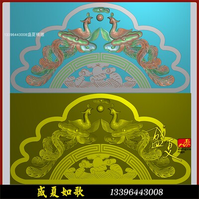 墓碑双凤抢宝精雕图半圆弧形石雕碑头碑帽龙凤戏珠浮雕图灰度图