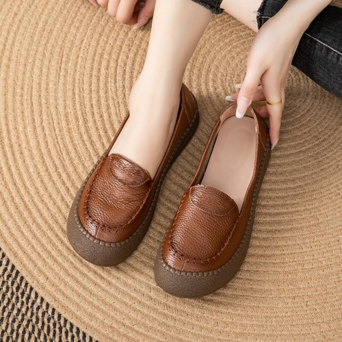 头层牛皮缝线真皮妈妈鞋女春季软底软面单鞋女中老年休闲小皮鞋女