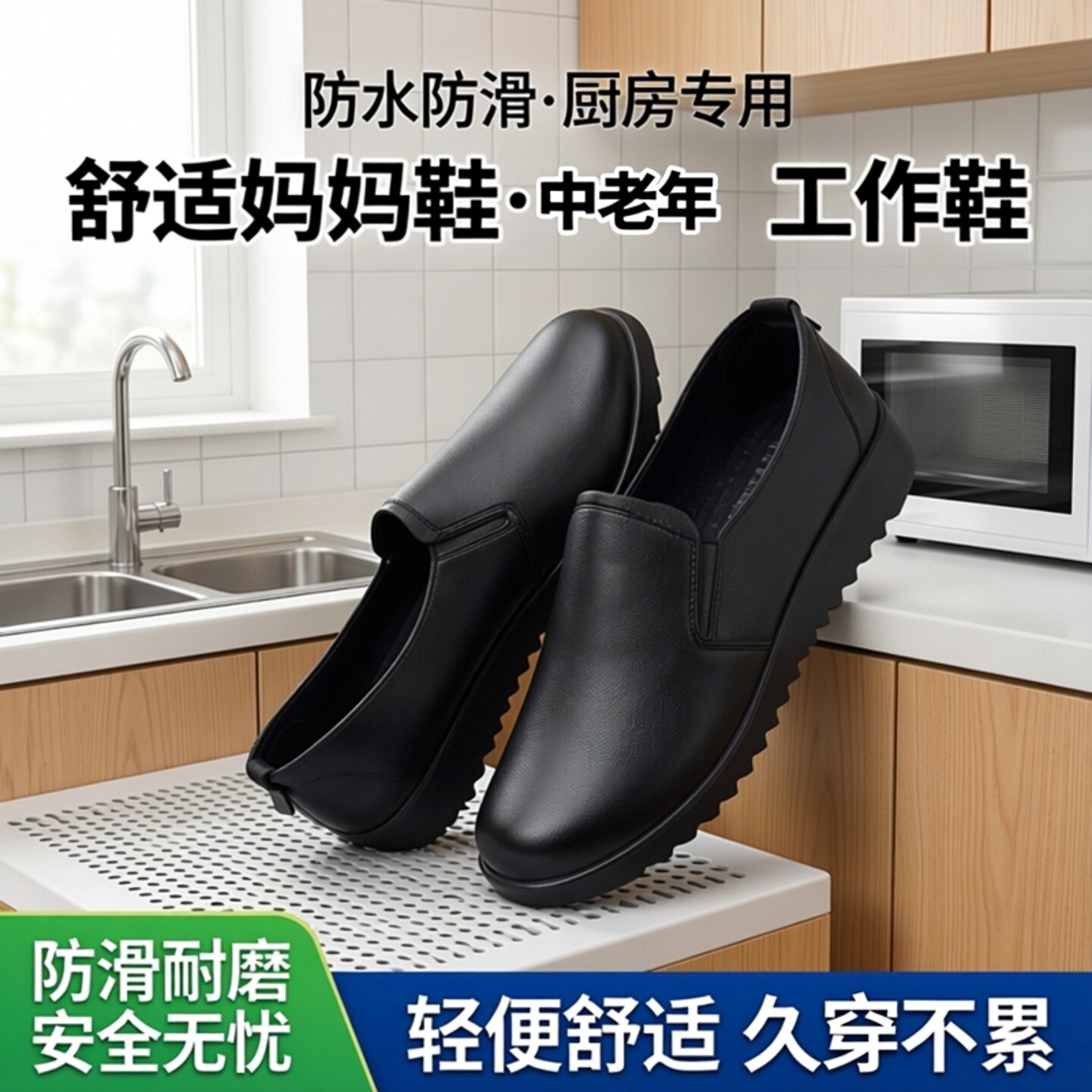 防水防滑厨房上班鞋黑色工作鞋平底女鞋餐厅舒适妈妈鞋中老年皮鞋